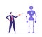 Human and Robot Concept. Businessman Push Red Button on Remote Control to Make Huge Robot Moving