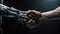 Human and robot handshake. Futuristic future concept. Digital technology age.