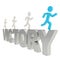 Human running symbolic figures over the word Victory