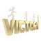 Human running symbolic figures over the word Victory