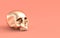 Human scull 3d rendering. Golden death`s-head on pink background.  Scary halloween dead skeleton head symbol