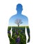 Human shape and nature, protecting environment, bluebonnet field