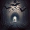 Human silhouette in dark underground tunnel filled with a swarm