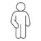 Human silhouette with left hand in pocket thin line icon. Man with left arm on waist outline style pictogram on white
