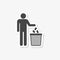 Human silhouette throwing garbage into a trash can sticker, simple vector icon