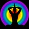 Human silhouette in yoga pose with aura and chakras colors on ba