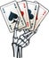 Human skeleton hand holding four aces