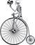 Human skeleton riding antique penny farthing bicycle