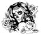 Human skull and flower wreath. Los muertos. Vector illustration.