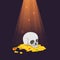 Human skull on gold coins pile. Treasure in light ray with glowing flying lights. Game design elements, cartoon