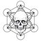 Human skull over sacred geometry symbol. Demon, fairy tale character. Mystical circle. Esoteric. Monochrome drawing isolated on w