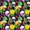 Human skulls, tropical leaves, exotic flowers. Repeating pattern at black background. Watercolor