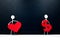 Human stick figures holding a red heart shape and a dollar sign. Money versus love, family or career, and health over economy con