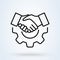 Human, technology and handshake sign line icon or logo. Cyber Physical Systems concept. Online partnership and business deal