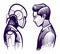 Human vs robot. Conflict of artificial intelligence and human mind. Employee replacement sketch vector concept