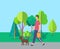 Human Walking with Dog near Trees, Leisure Vector