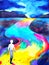 Human walking in rainbow road abstract watercolor painting