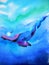 Human and whale diving swimming underwater together watercolor