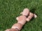 Human Wooden doll lying on the grass relaxed sunbathing