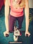 Human working out on exercise bike. Fitness.