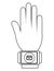 humand hand wearing square watch with media icon, graphic