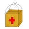 Humanitarian medical aid in carton box. Simple vector illustration in cartoon doodle style. Concept of world crisis during