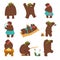 Humanized bear characters set, male and female brown bears wearing human clothes in different situations cartoon vector