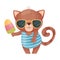 Humanized cat keeps ice cream on a stick. Vector illustration on white background.