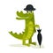 Humanized crocodile in bowler hat and holding umbrella. Green predatory animal. Flat vector design