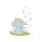 Humanized cute baby elephant blows soap bubbles. Vector illustration on white background.
