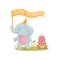 Humanized cute baby elephant carries a flag that says Happy Birthday. Vector illustration on white background.