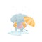 Humanized cute baby elephant in a yellow jacket is jumping in a puddle. Vector illustration on white background.