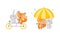 Humanized Fox and Hare Engaged in Different Activities Riding Bicycle and Walking Under Umbrella Vector Set