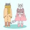 Humanized winter cats. Two cute cartoon kitties dressed in warm clothes. Outline color filled vector illustration