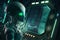 Humanoid alien using futuristic control panel in spaceship, Alien operating advanced control panel in spaceship