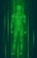 Humanoid android man standing cyberspace binary code. Robot artificial intelligence low poly polygonal human body