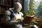 Humanoid android robot reading a book in interior