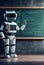 Humanoid education robot teacher in front of a school classroom chalkboard