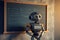 Humanoid education robot teacher in front of a school classroom chalkboard