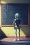 Humanoid education robot teacher in front of a school classroom chalkboard