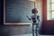 Humanoid education robot teacher in front of a school classroom chalkboard