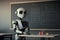 Humanoid education robot teacher in front of a school classroom chalkboard