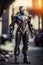 Humanoid iron man portrait. Cyborg male dressed in fashion metal suit isolated on blurred street background