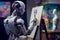 Humanoid robot artist painting a portrait on a canvas in an artist studio