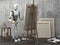 A humanoid robot artist paints a picture in an art workshop. Future concept with smart robotics and artificial intelligence. 3D