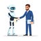 Humanoid robot and bearded businessman in formal suit shaking hands. Artificial intelligence hired.