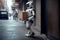 Humanoid robot courier delivery service, delivering groceries to a customer