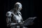 Humanoid robot cyborg reading a book and acquiring new data, representing the concept of artificial intelligence and its