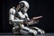 Humanoid robot cyborg reading a book and acquiring new data, representing the concept of artificial intelligence and its