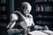 Humanoid robot cyborg reading a book and acquiring new data, representing the concept of artificial intelligence and its